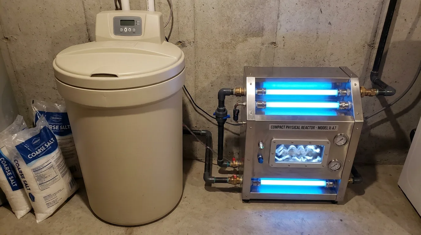 Comparaison visuelle d'un adoucisseur d'eau à sel et d'un réacteur physique compact anti calcaire côte à côte