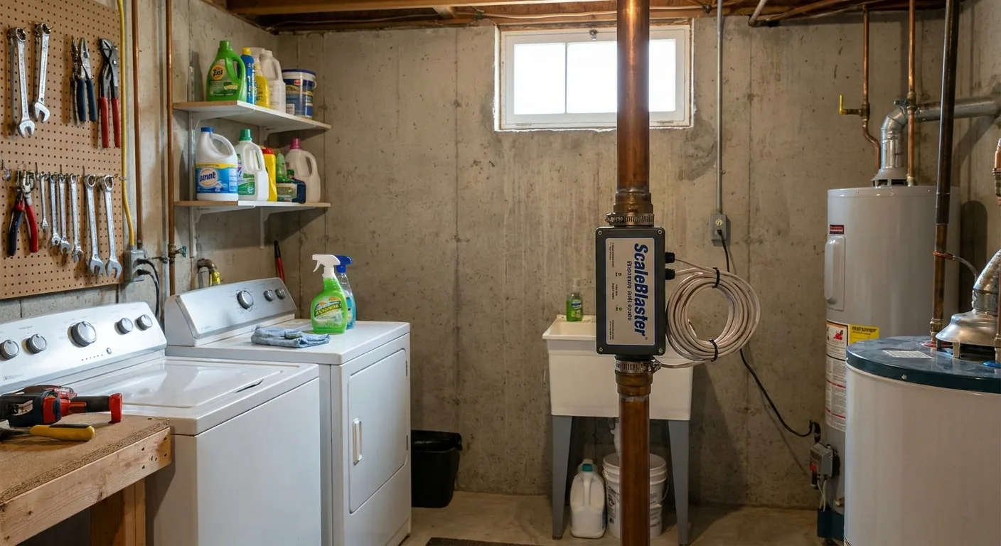 Dispositif anti-calcaire installé sur une conduite d'eau dans une buanderie résidentielle