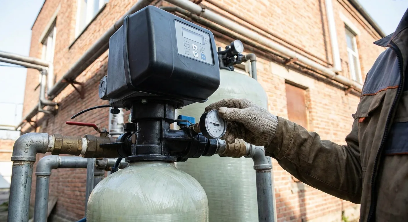Technicien inspectant un adoucisseur d'eau installé sur la tuyauterie d'un immeuble