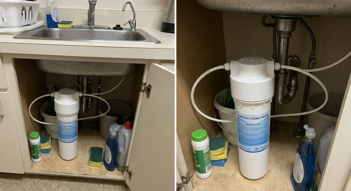 Cartouche filtrante anti calcaire installée sous l'évier de cuisine d'un appartement
