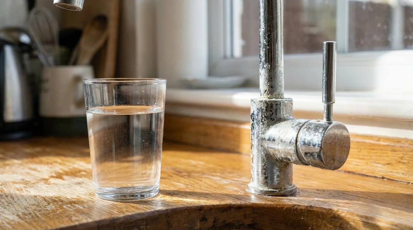 Verre d'eau claire sur un plan de travail de cuisine avec des dépôts de calcaire visibles sur le robinet
